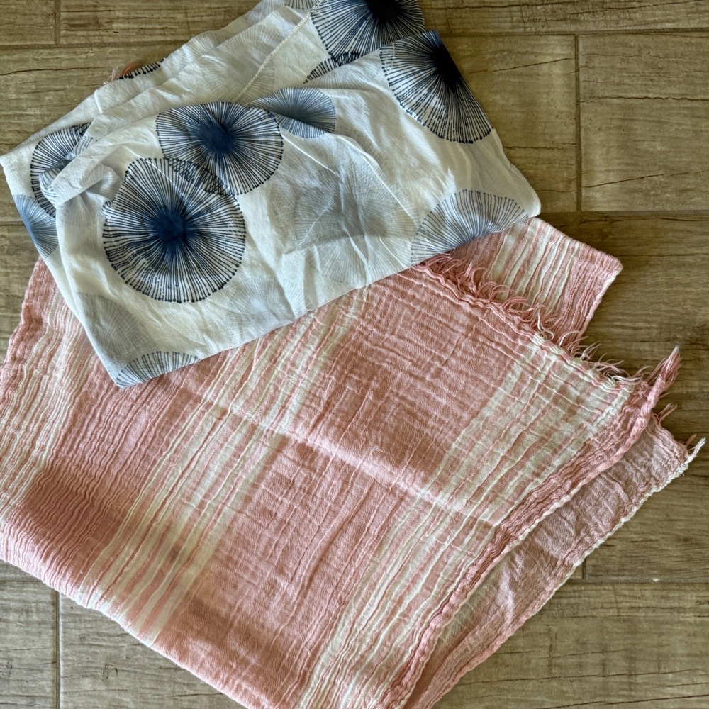 Pink Striped and Navy Blue Circle Print Lightweight Fringe Wrap Scarf‎